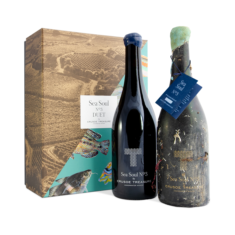 Sea Soul No. 3 Vino Submarino, Crusoe Treasure, 1 Flasche Unterwasserwein und eine Flasche Kellerwein.