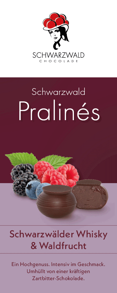 Schwarzwald Chocolade, Pralines, Schwarzwälder Whisky und Waldfrucht 0,110 kg