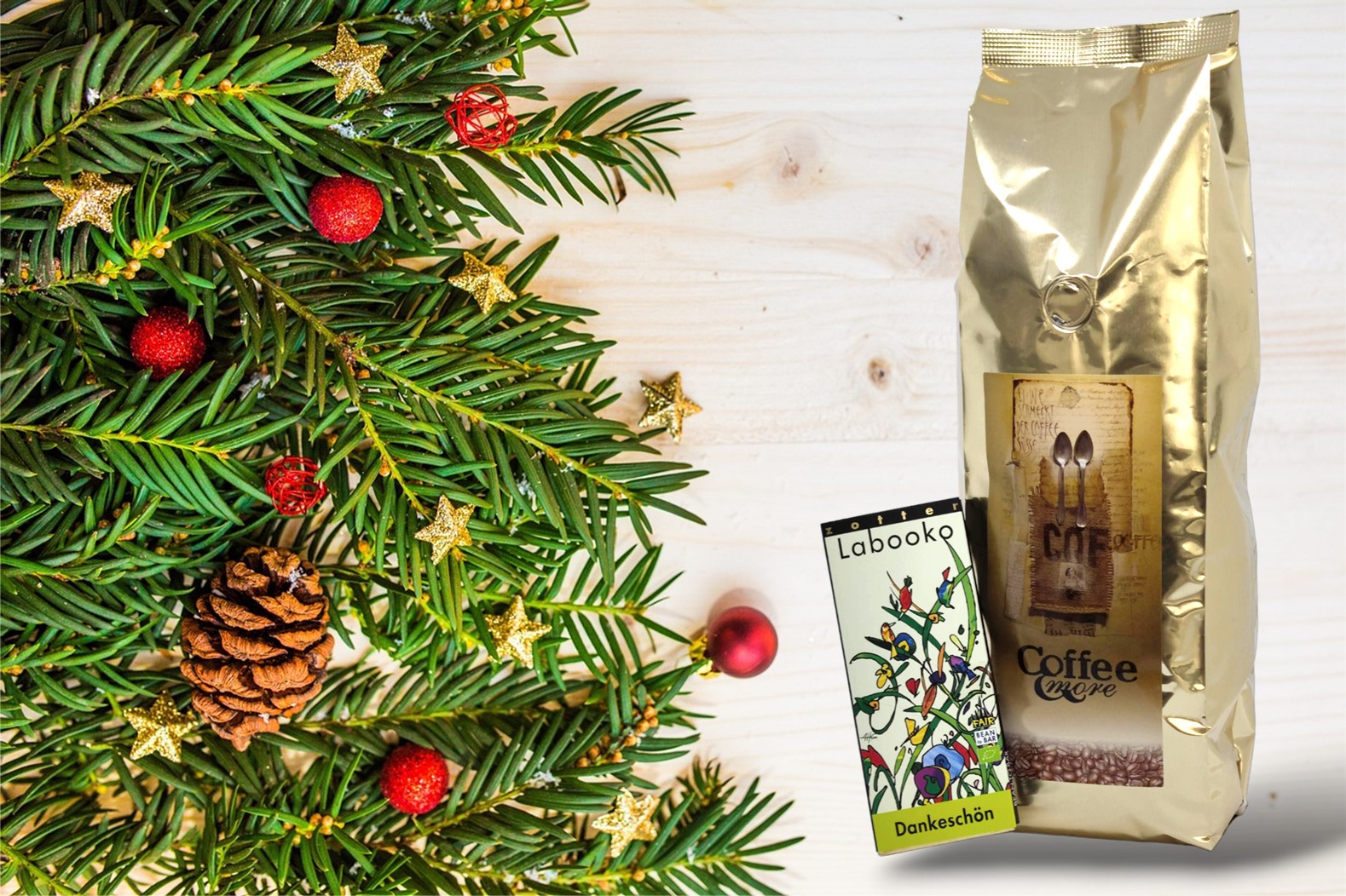 Weihnachtsspecial 2023: 500 gr Café Bohnen von Coffee & More und 1 Schokolade Dankeschön 0,07 kg von Zotter