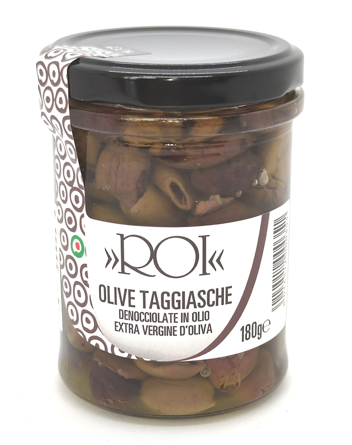 Schwarze Taggiasca-Oliven ohne Stein in Olivenöl, Olio Roi 0,18 kg