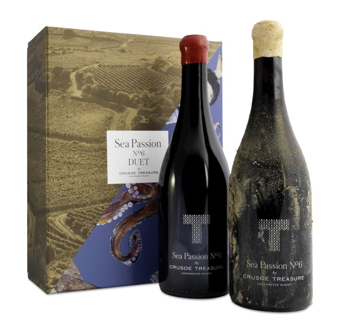 Sea Passion No. 6 Vino Submarino, Crusoe Treasure, 1 Flasche Unterwasserwein und eine Flasche Kellerwein.